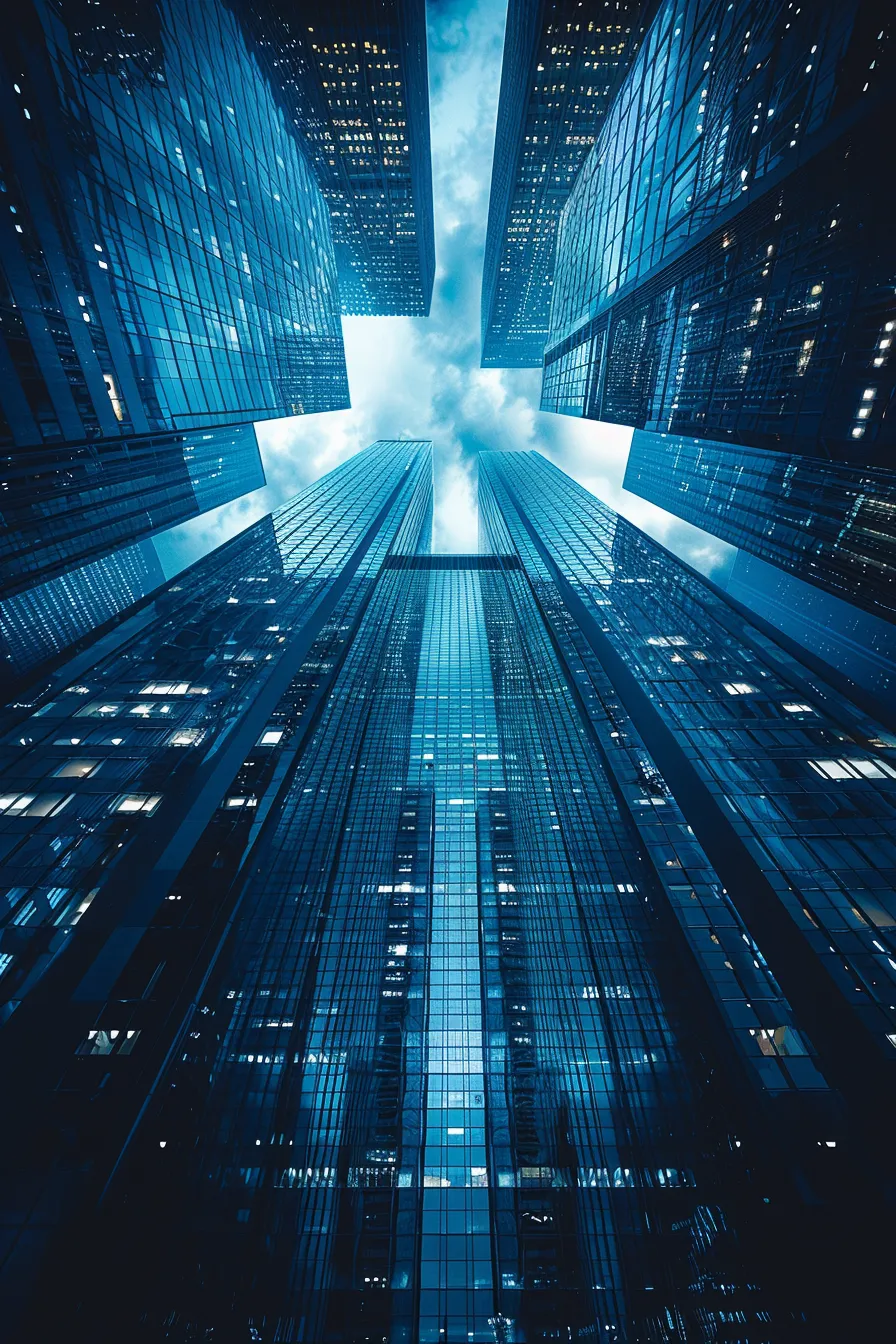 Altos edificios de vidrio que reflejan el cielo nocturno y las nubes