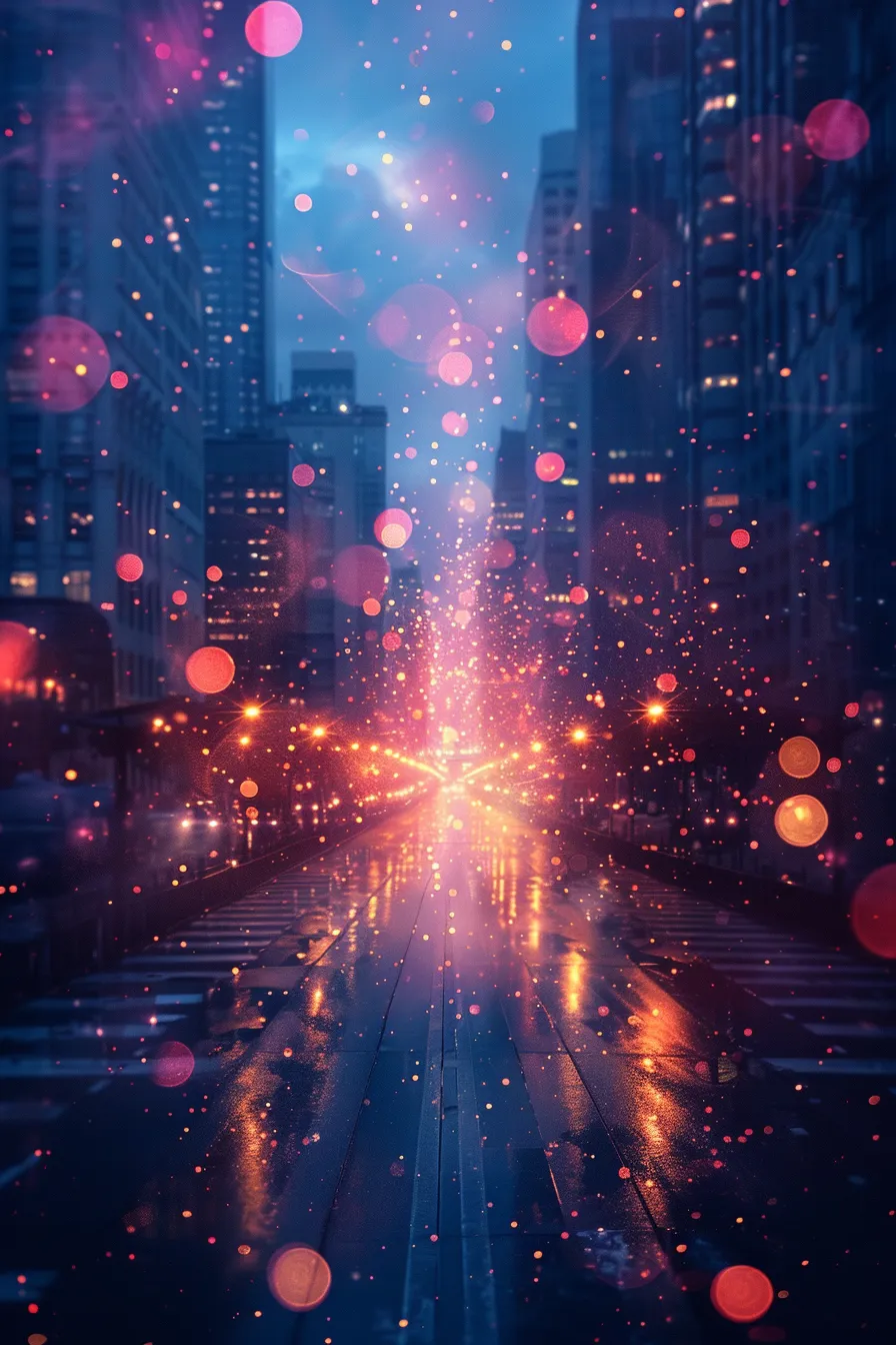Paisaje urbano iluminado con reflejos en el pavimento