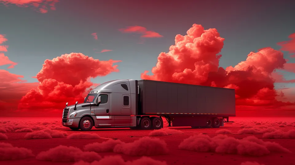 Silver truck against a backdrop of bright red clouds and land