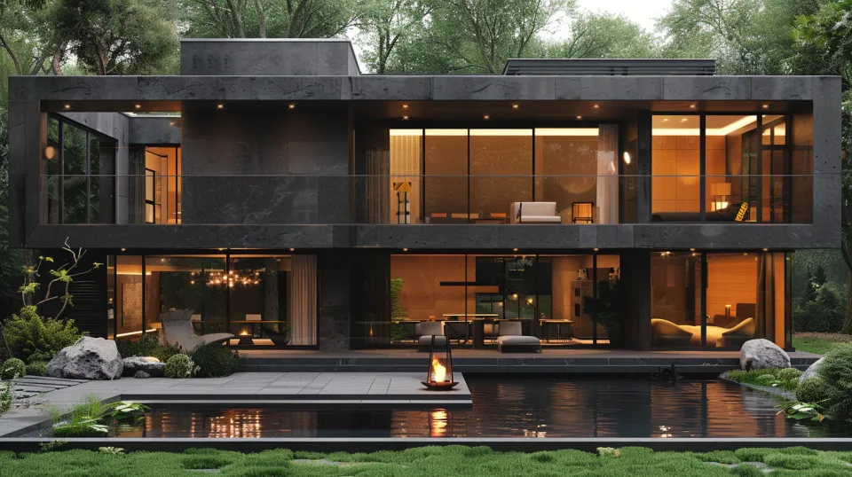 Elegant modern house with large windows and a pool against a backdrop of greenery