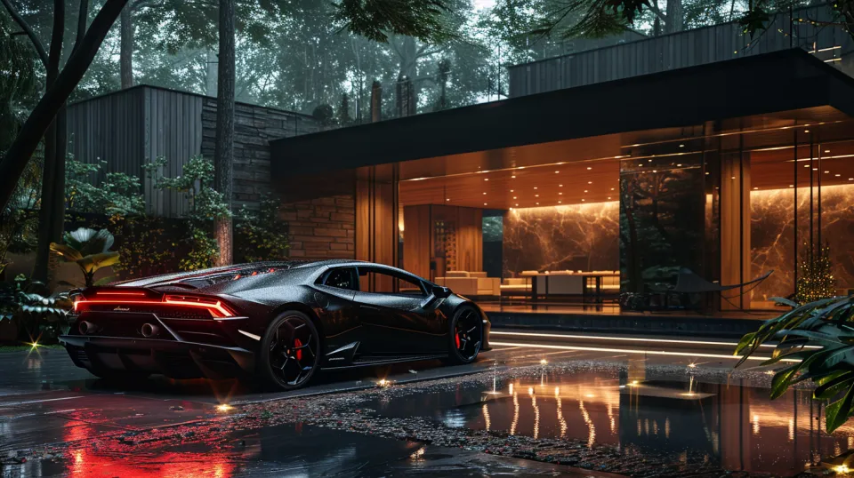 Black sports car by a stylish house amidst greenery and reflections