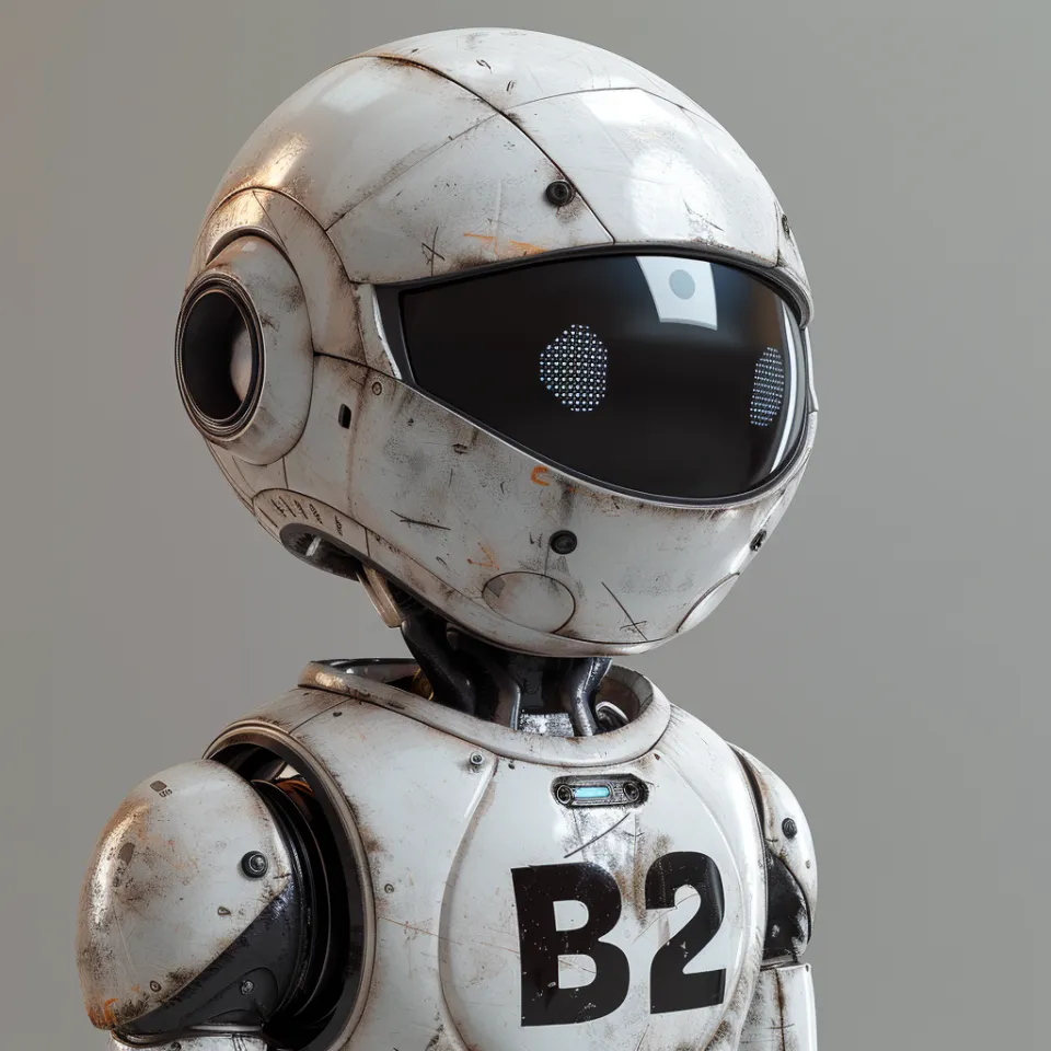 Futuristic robot B2 with a sleek black and white design and impressive glasses