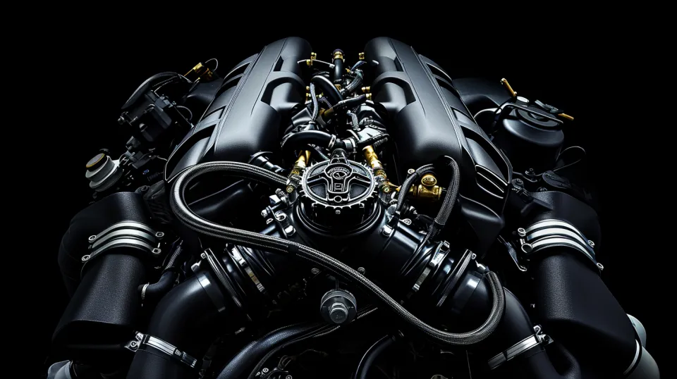 Imagen del interior de un potente motor de automóvil sobre un fondo negro