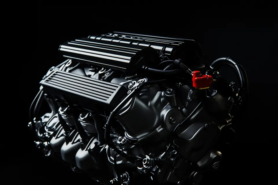 Innovative Car Engine with Sleek Details on Dark Background