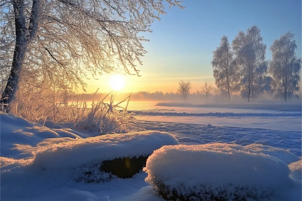 Fantástico paisaje invernal con lujosa escarcha y un brillante amanecer