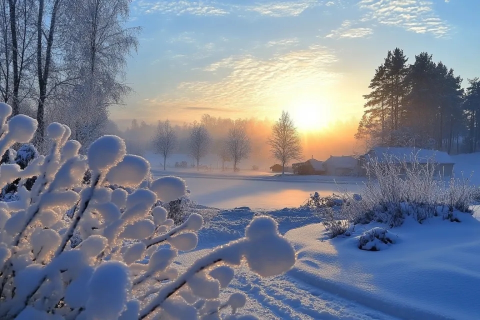Winter landscape with snow-covered trees and a house against the dawn