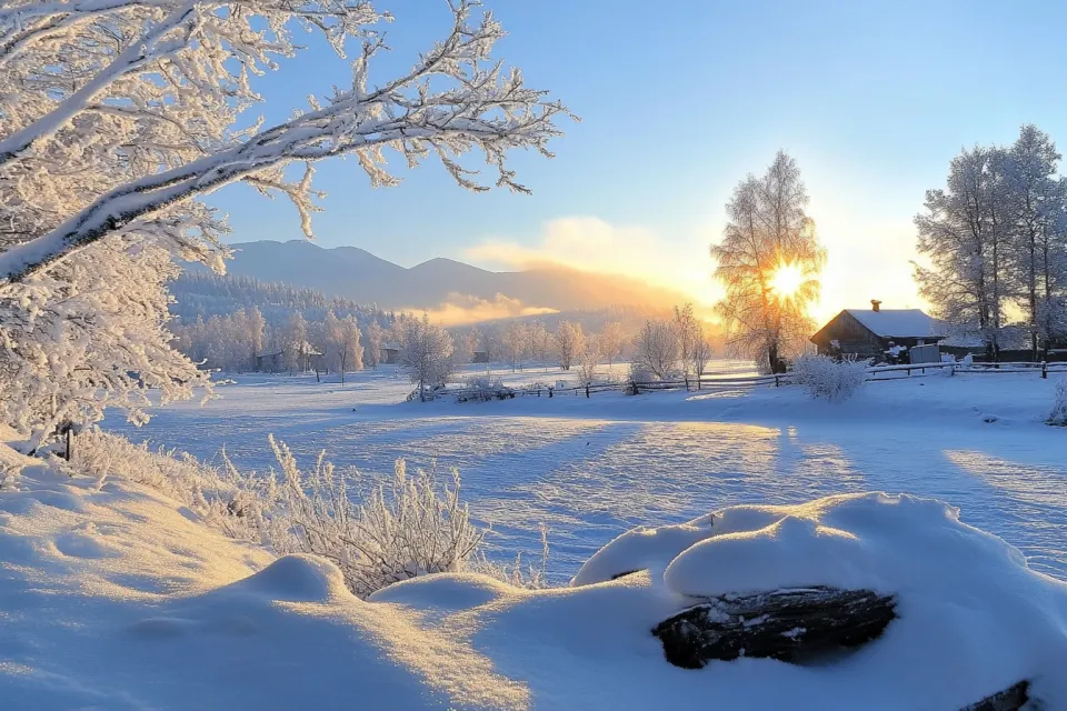 Encantador paisaje invernal con un brillante amanecer sobre un campo nevado