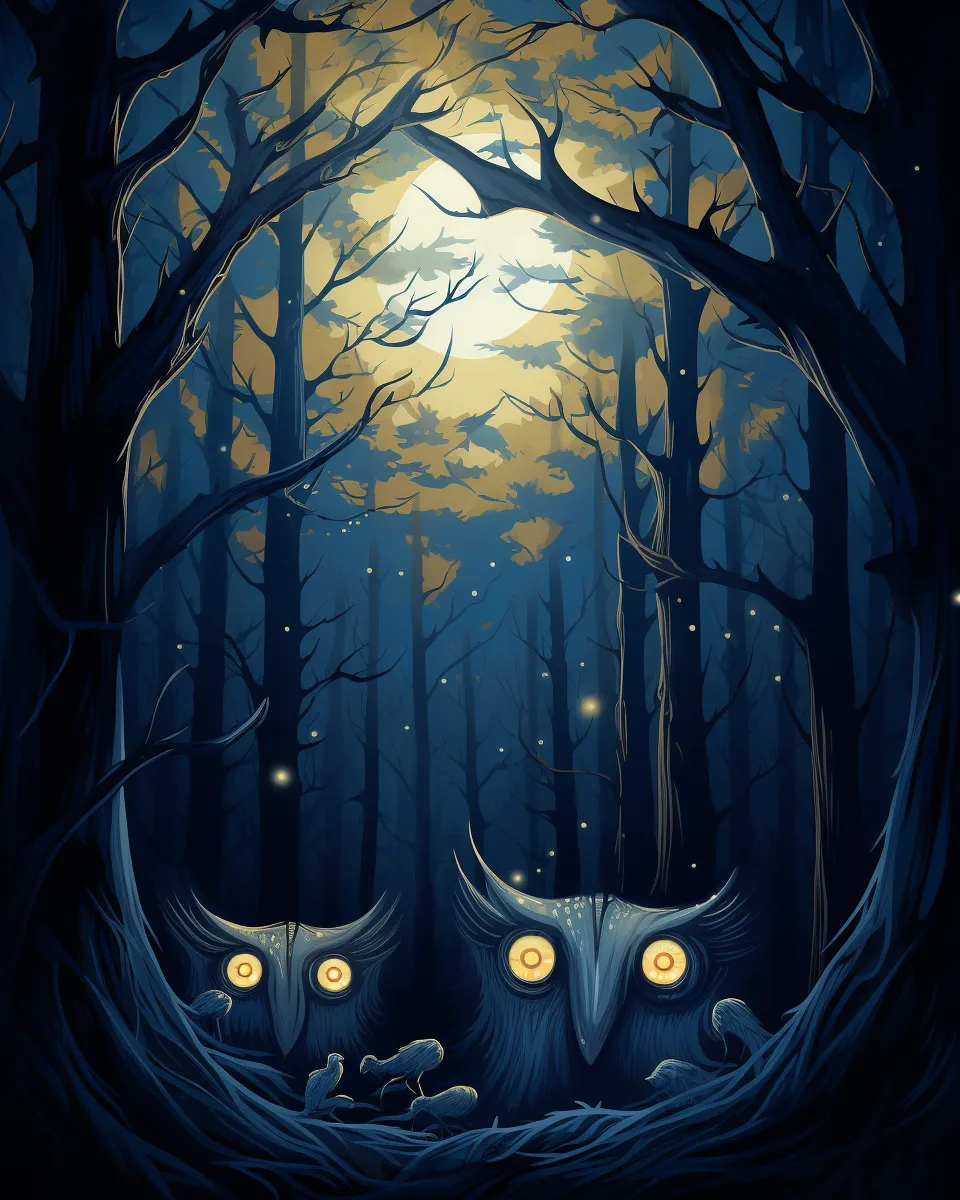 Two owls in a dark forest under the moonlight