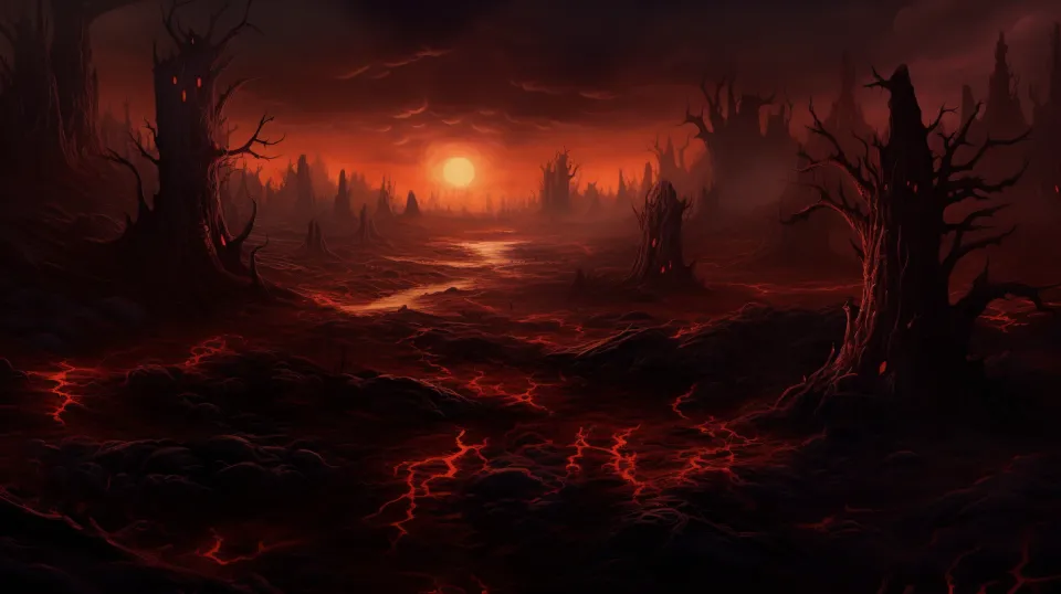 The setting sun shines through the gloomy trees in a fiery wasteland