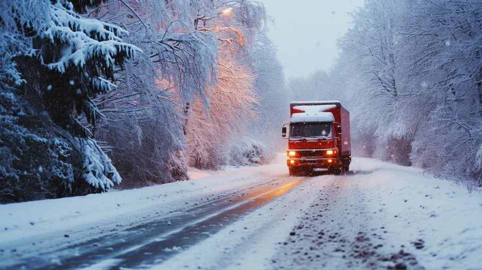 Camión rojo circulando por una carretera nevada entre árboles invernales