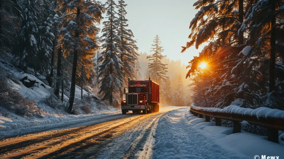 A large red truck driving through the snow among winter trees