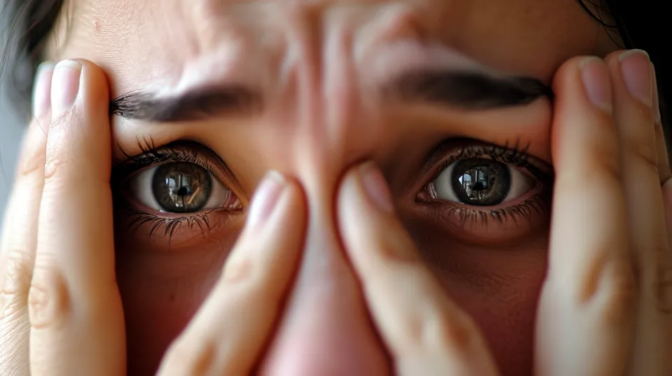Close-up of a person's face displaying an expression of fear and anxiety