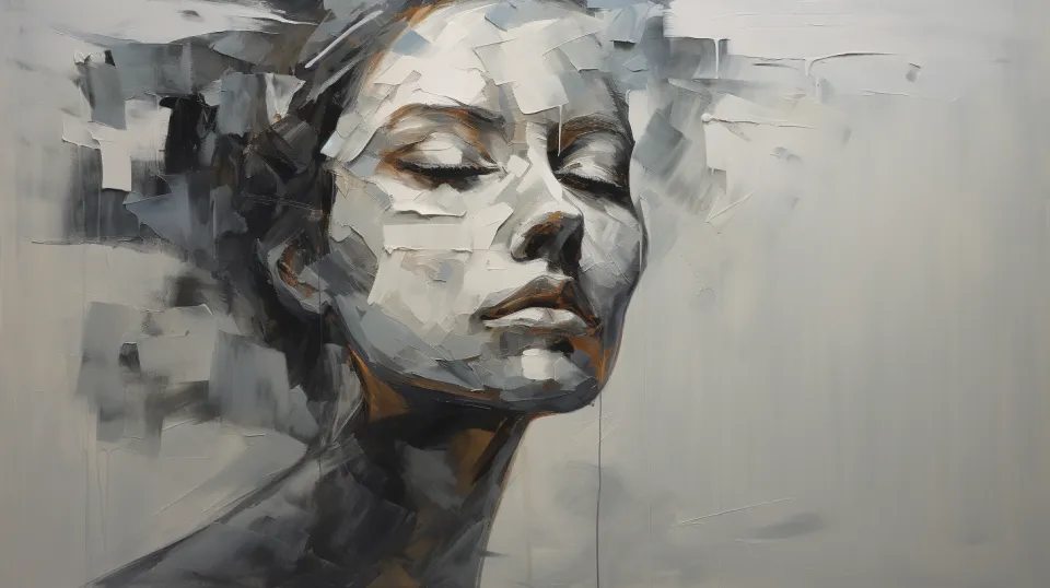 Retrato femenino con elementos abstractos y una paleta de grises