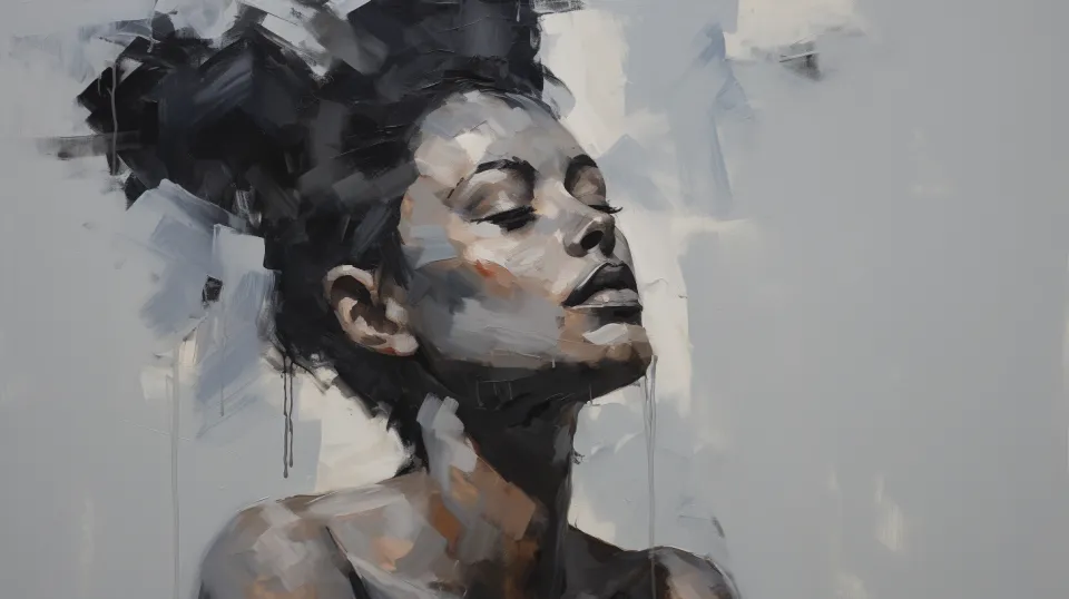 Retrato femenino con pintura abstracta en tonos grises