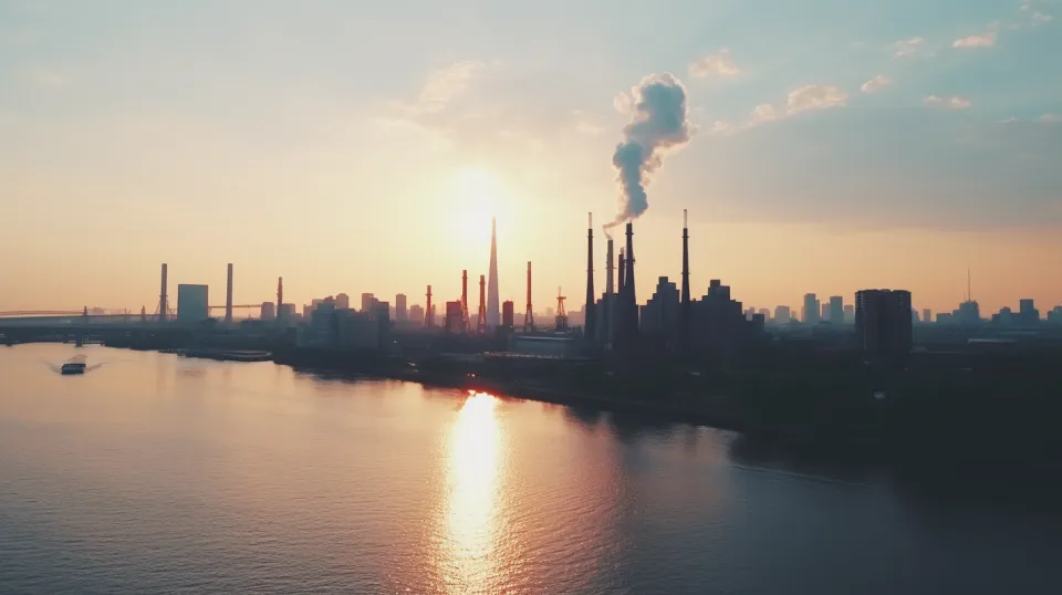 Заводские трубы и skyline города на фоне заката