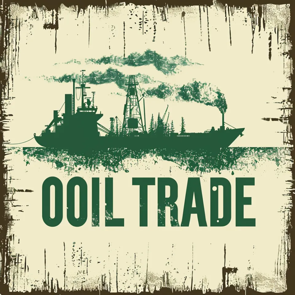Ship against a backdrop of forest and drilling rig in graphic style