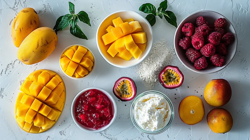 Frutas y bayas cortadas sobre la mesa: mango, frambuesa y maracuyá