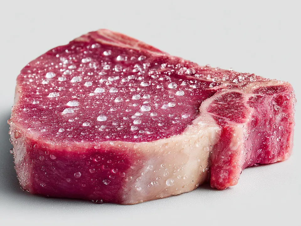 Fragmento de carne fresca con gotas de agua en la superficie