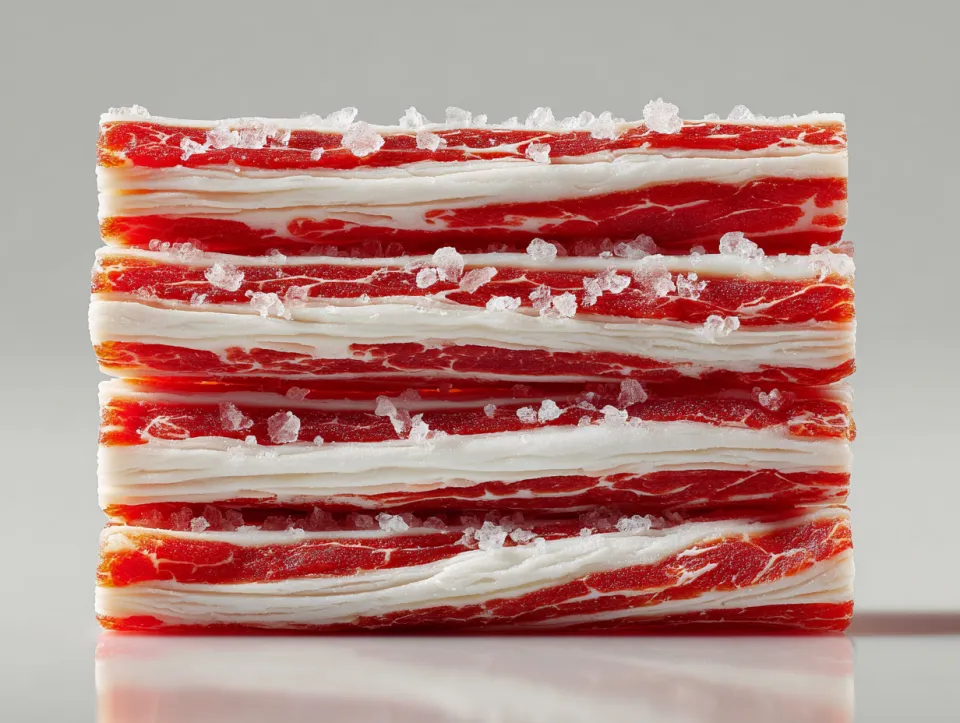 Enfoque de las capas de jamón con vetas blancas y sal
