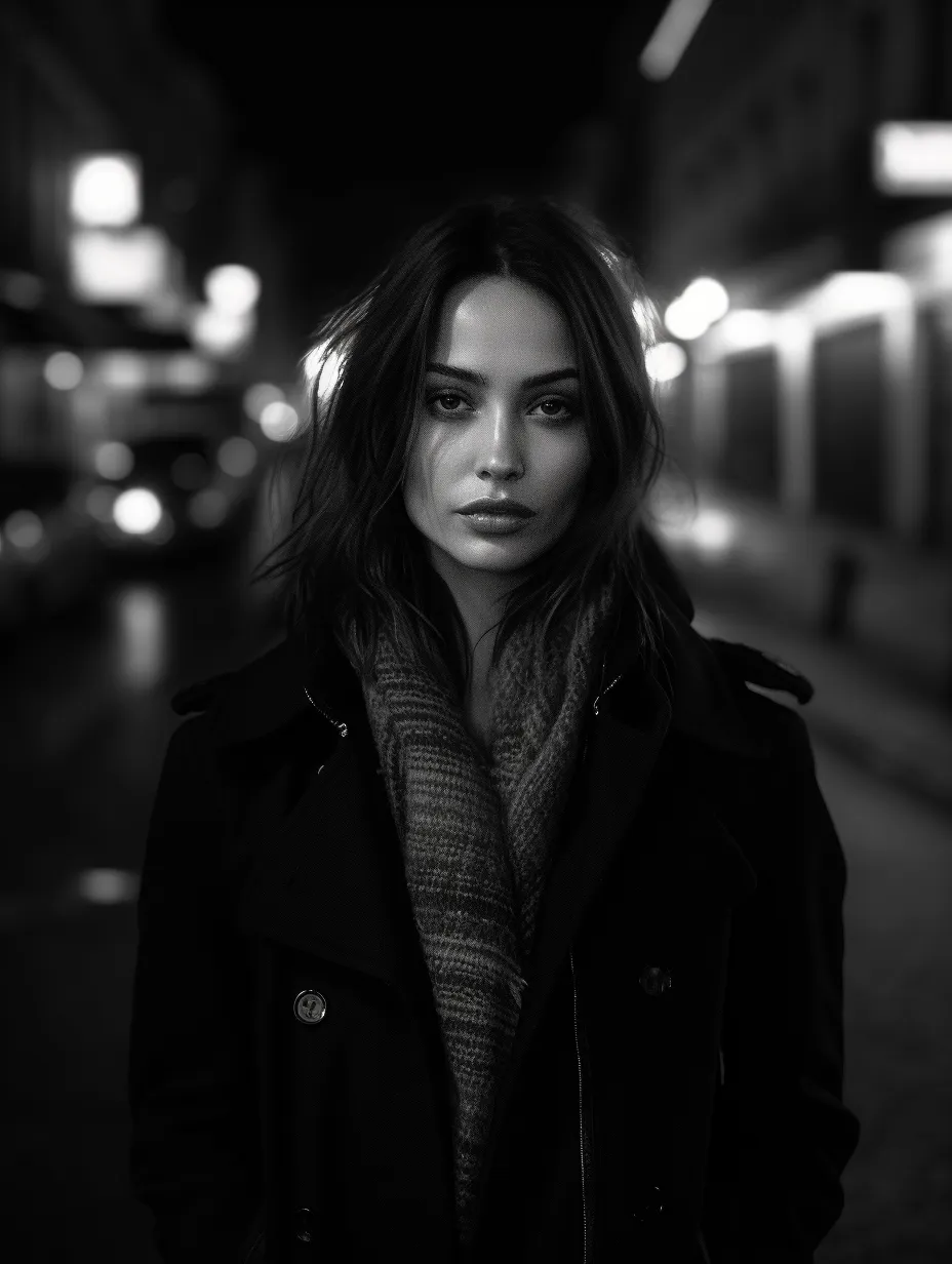 Woman in black clothing against a backdrop of blurred lights of the night city