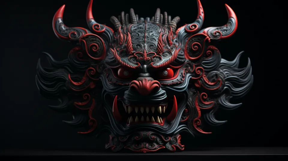 Escultura detallada de un demonio con cuernos retorcidos y dientes afilados