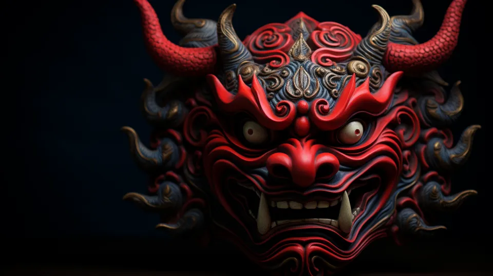 Energetic demon mask with bright red and blue shades