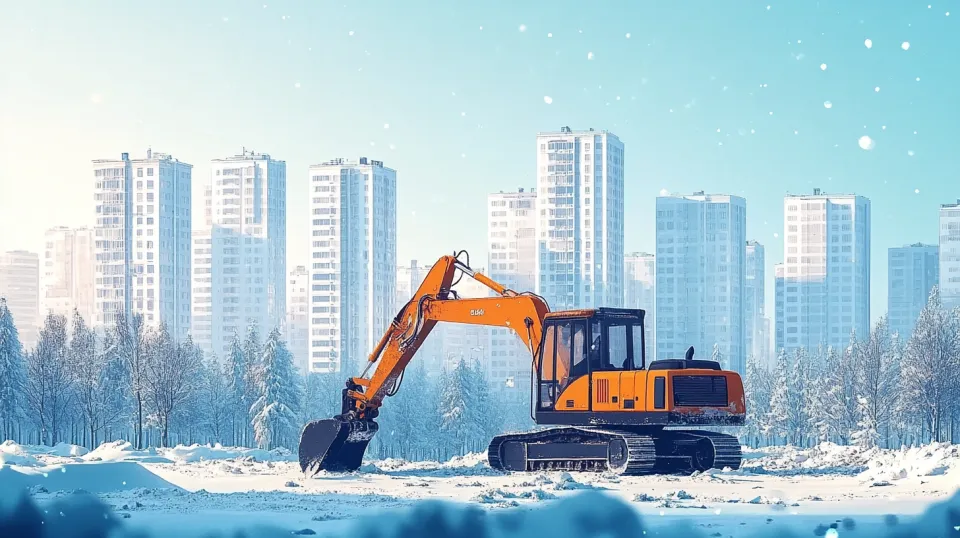 Excavator working on a snowy site in a city with tall buildings