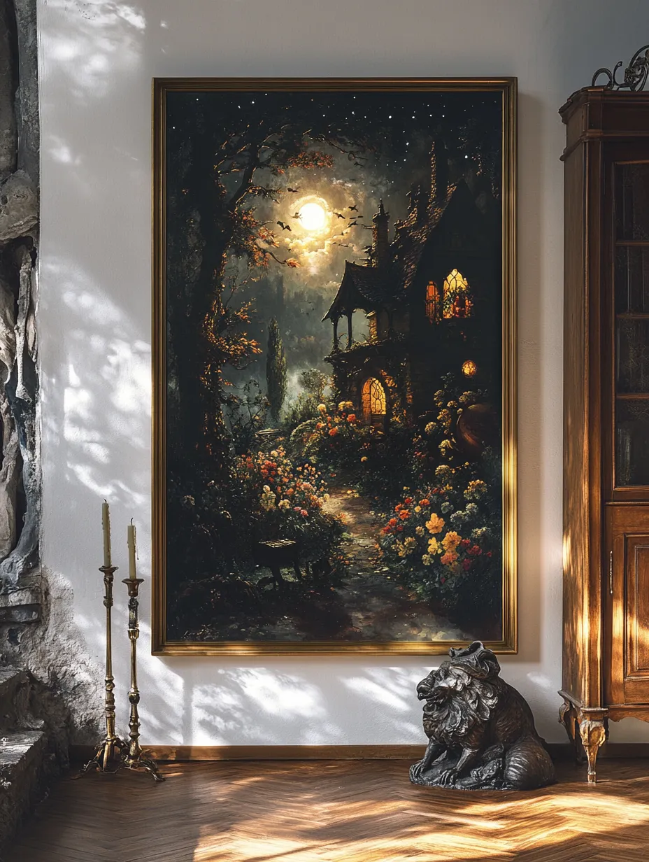 Fairy-tale Landscape with a Bright House and Flowers in Moonlight
