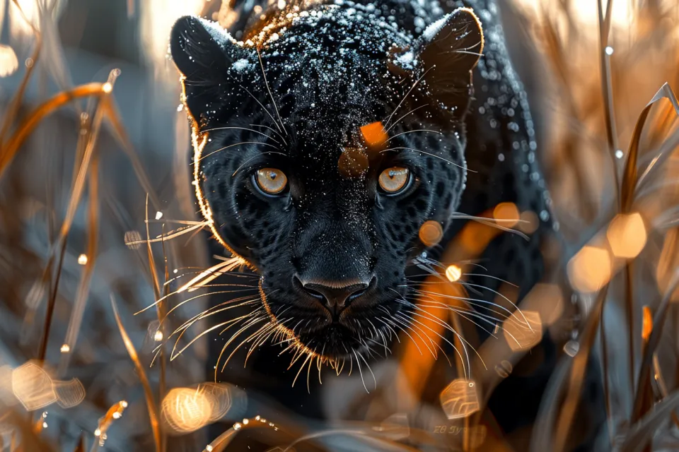 Fotografía de un jaguar negro con gotas de agua congeladas en su pelaje