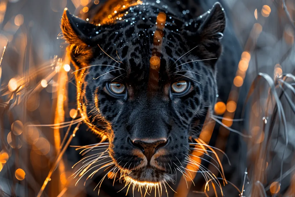 Close-up of a jaguar with a bright gaze surrounded by vegetation