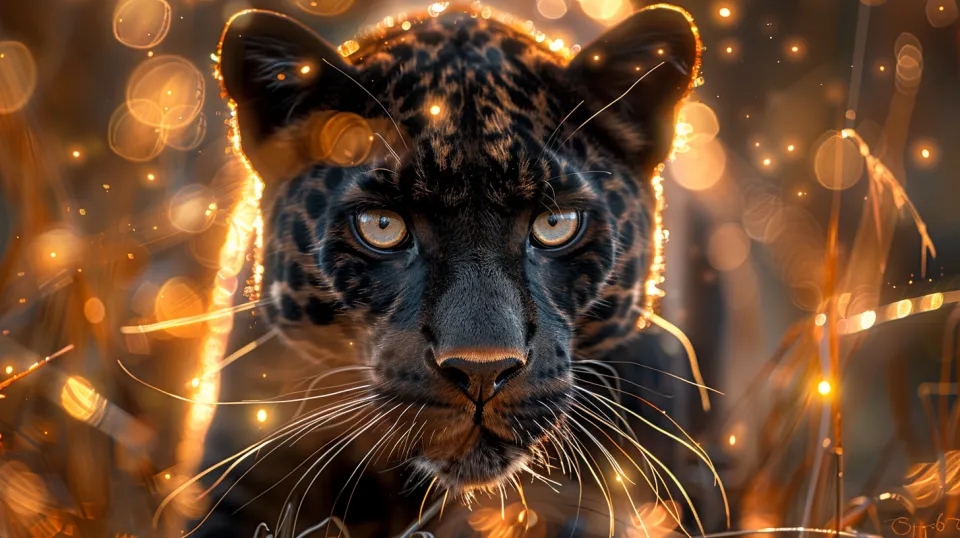 Close-up of a black jaguar with shimmering lights in the background
