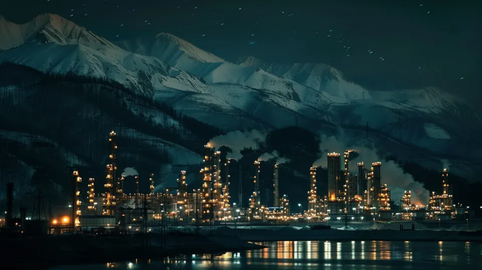 Factories in Night Light at the Foot of the Mountains