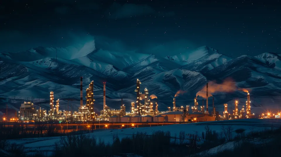Night view of a factory with cozy lighting in the mountains