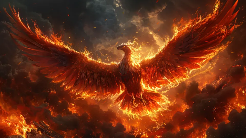 Fire Phoenix with outstretched wings against a backdrop of fiery clouds