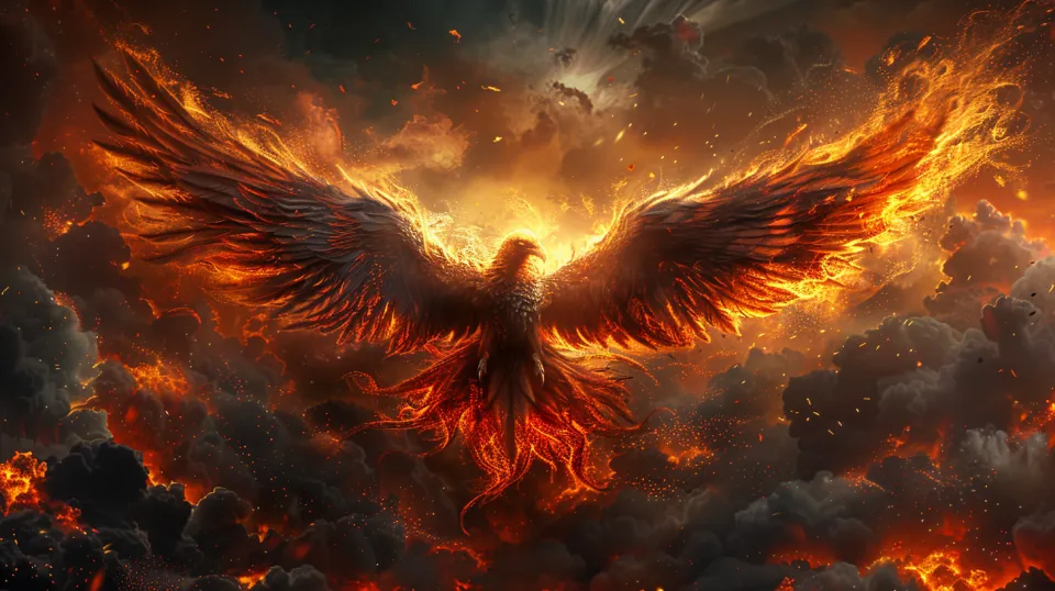 Fantastic Phoenix with Flaming Wings Against a Fiery Sky