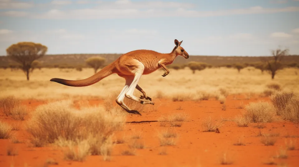 Canguro saltando sobre la tierra roja de Australia con vegetación