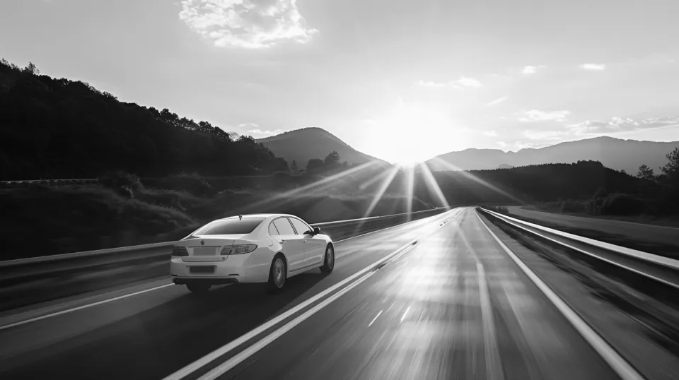 Fotografía en blanco y negro de un coche circulando por la carretera contra el fondo del atardecer