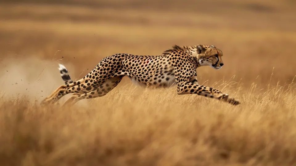 Cheetah sprinting across the grassy savannah, moving swiftly.