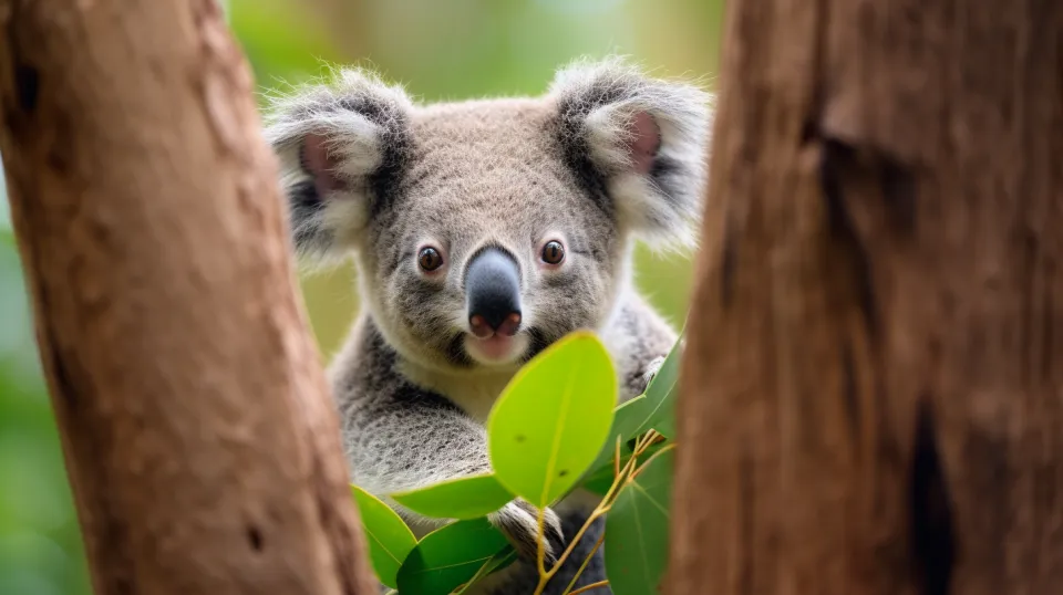 Koala observando el mundo a través de hojas y árboles