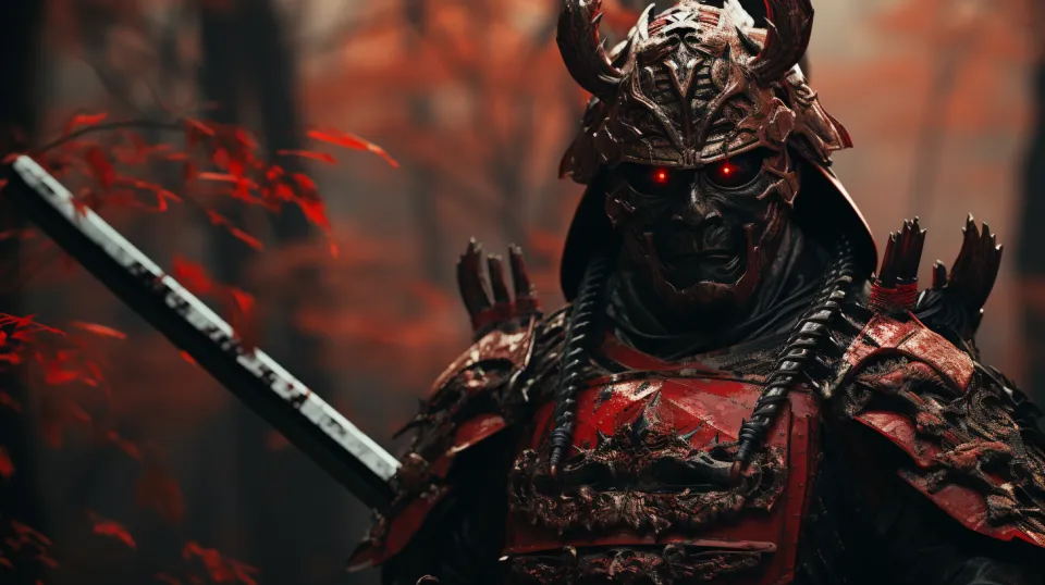 Image of a samurai in red armor with a sword among autumn forest