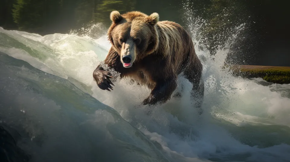 Oso luchando contra las corrientes del agua en un río montañoso