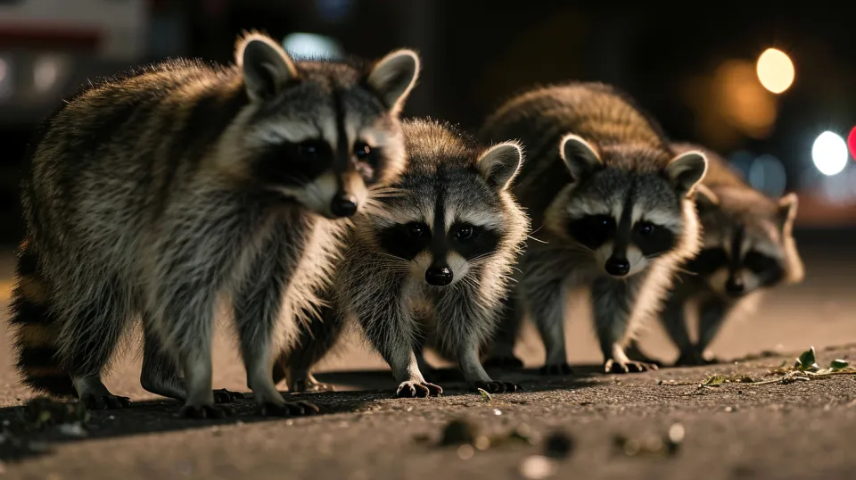 A group of raccoons exploring the street at night in an urban setting