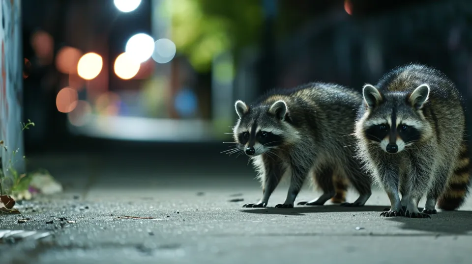 Dos mapaches caminan por la calle de noche