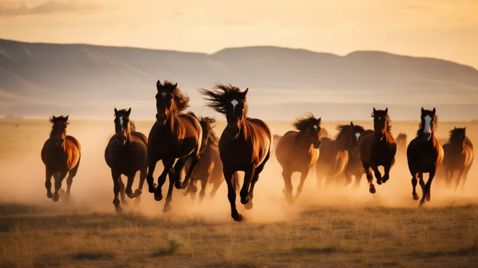 A group of beautiful horses galloping across a field at sunset