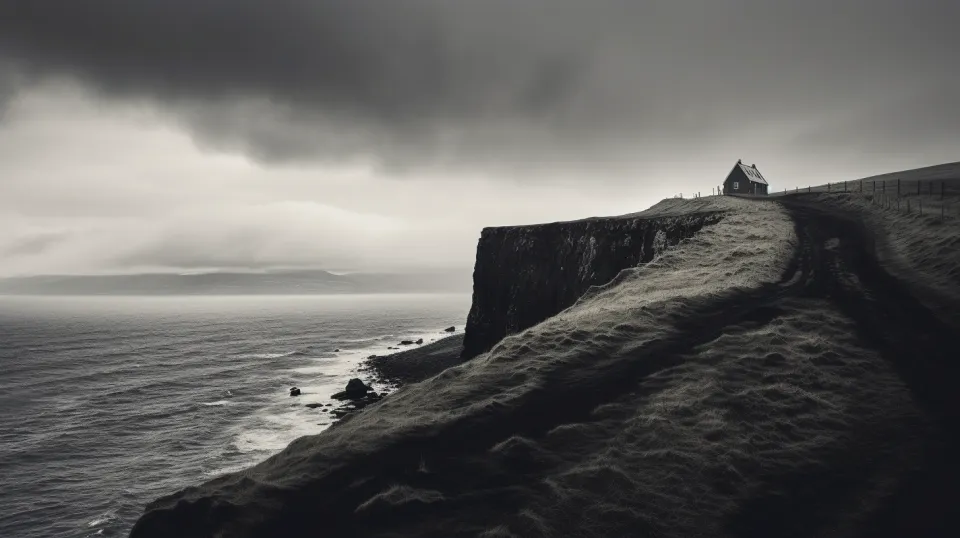 Casa antigua en el borde del acantilado, rodeada de un cielo gris y el mar