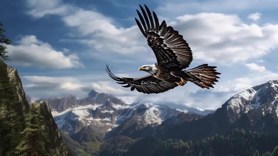 Águila que vuela en el cielo sobre majestuosas montañas