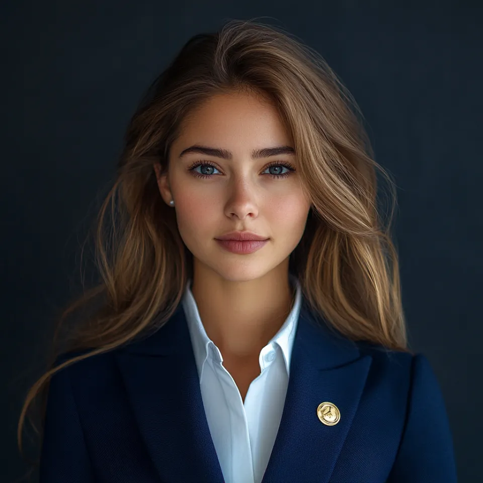 Retrato de una mujer con cabello largo en un traje azul oscuro