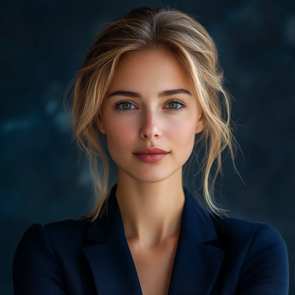 Retrato femenino con mirada abierta y peinado ordenado de fondo
