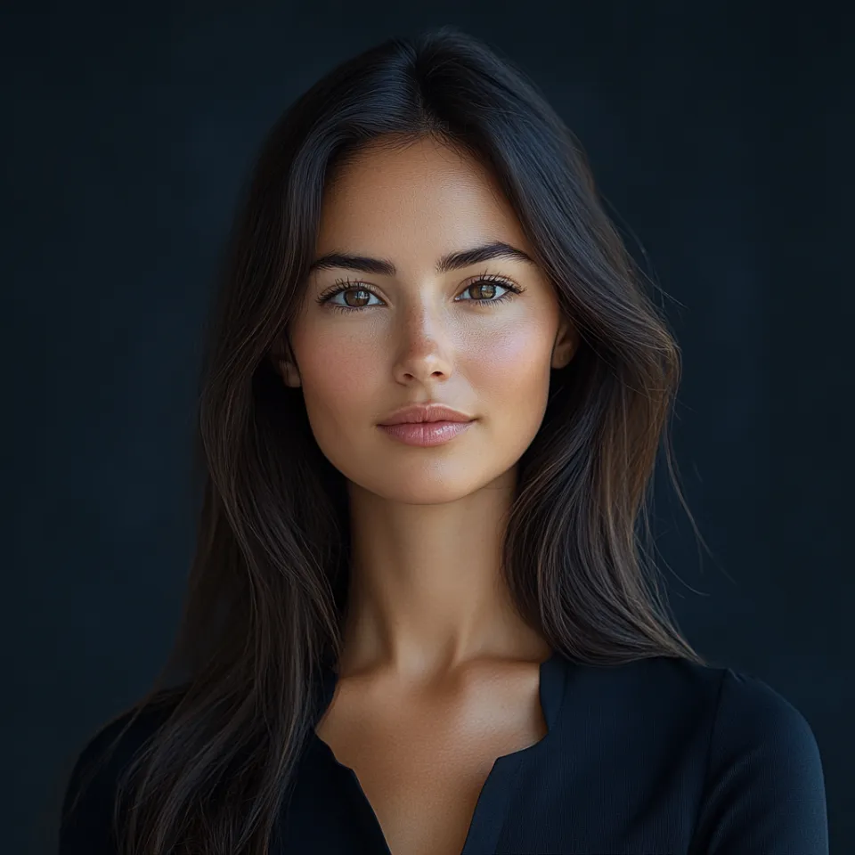 Chica con cabello largo y oscuro sobre un fondo neutro
