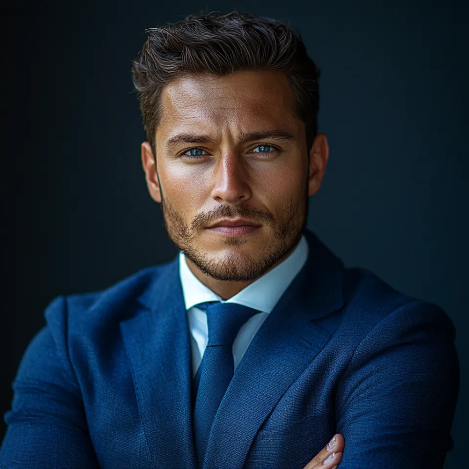 Hombre de ojos azules en traje azul y camisa blanca